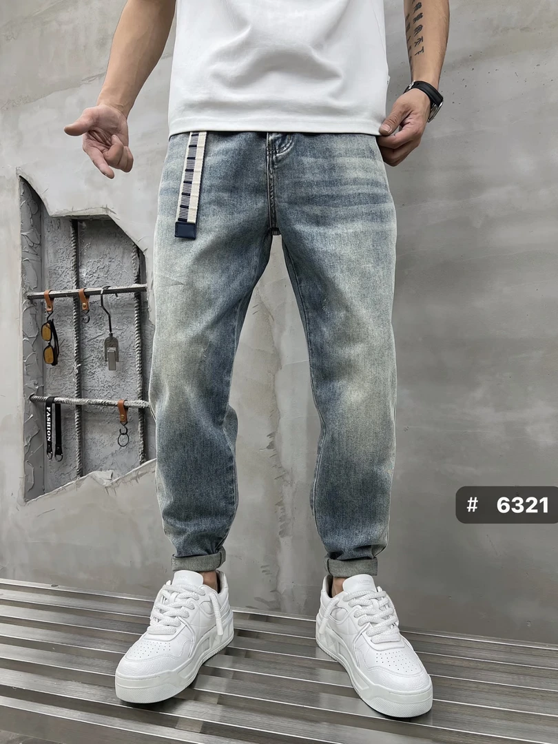 6321春季新款水洗蓝色小脚合身牛仔裤时尚潮流百搭腰带款牛仔裤男