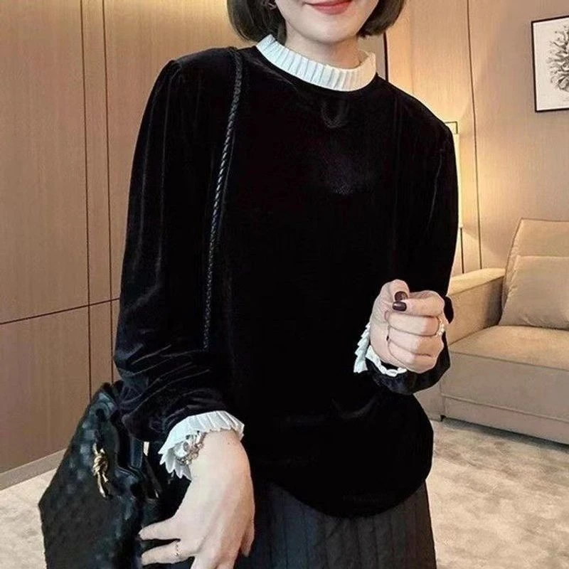 秋季新款半高领纯色百搭上衣女法式丝绒简约显瘦气质打底长袖衣