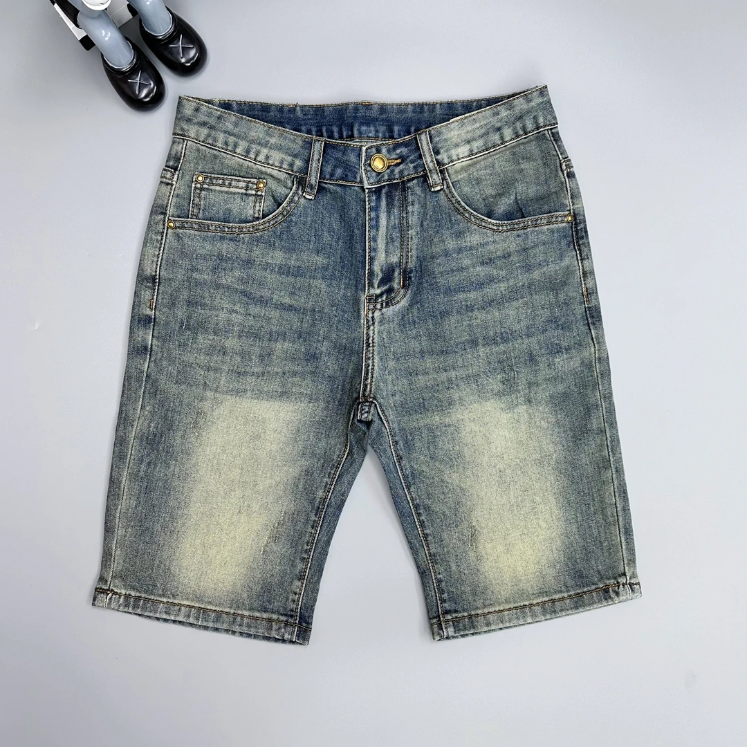 夏季薄款男士软牛仔裤短裤怀旧蓝浅色猫须修身弹力舒适五分中裤潮