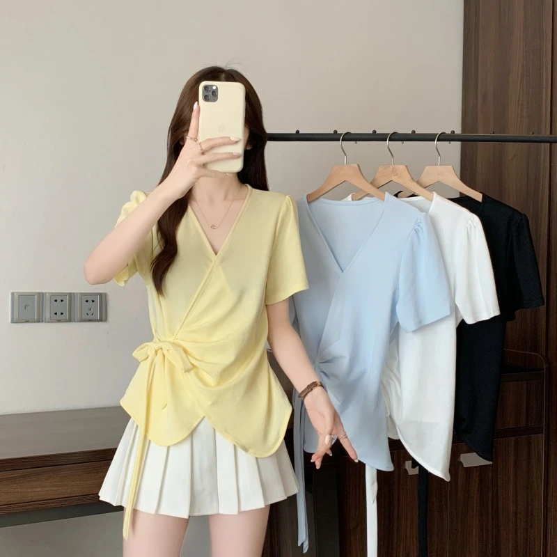 大码女装2025夏季新款胖mm时尚抽绳褶皱V领短袖T恤上衣洋气衣服女