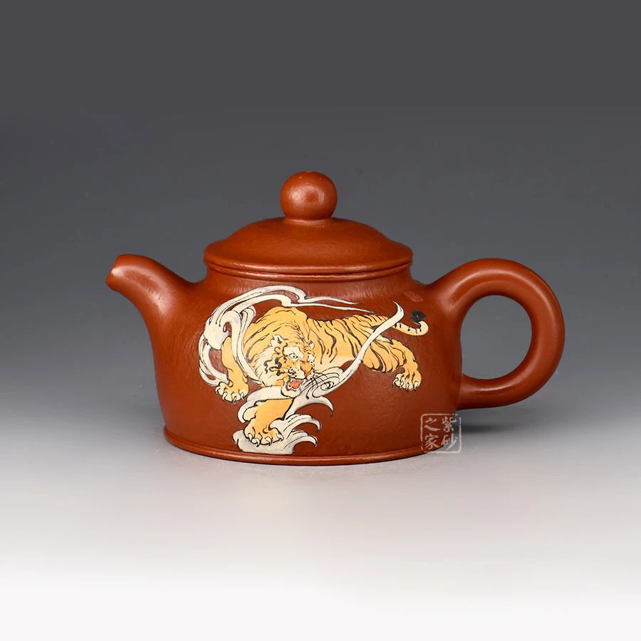 紫砂之家品香200cc原矿朱泥张继彪全手工紫砂壶泥绘猛虎泡茶茶壶