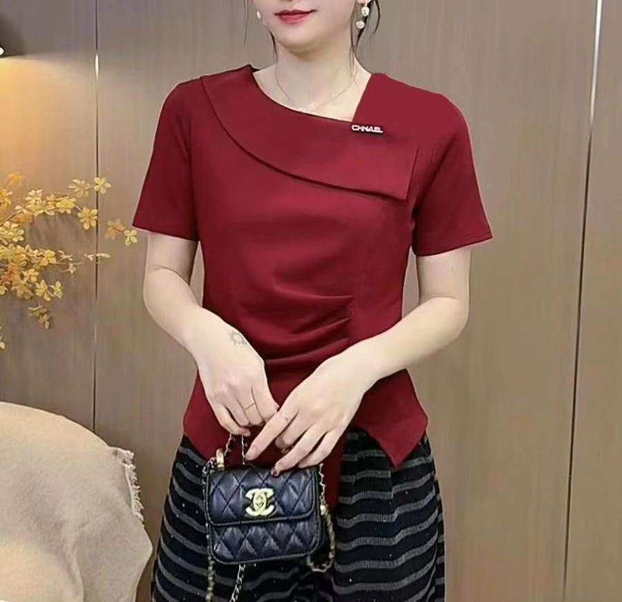 2025夏季新款短袖上衣时尚拼接不规则气质宽松遮肉显瘦t恤女