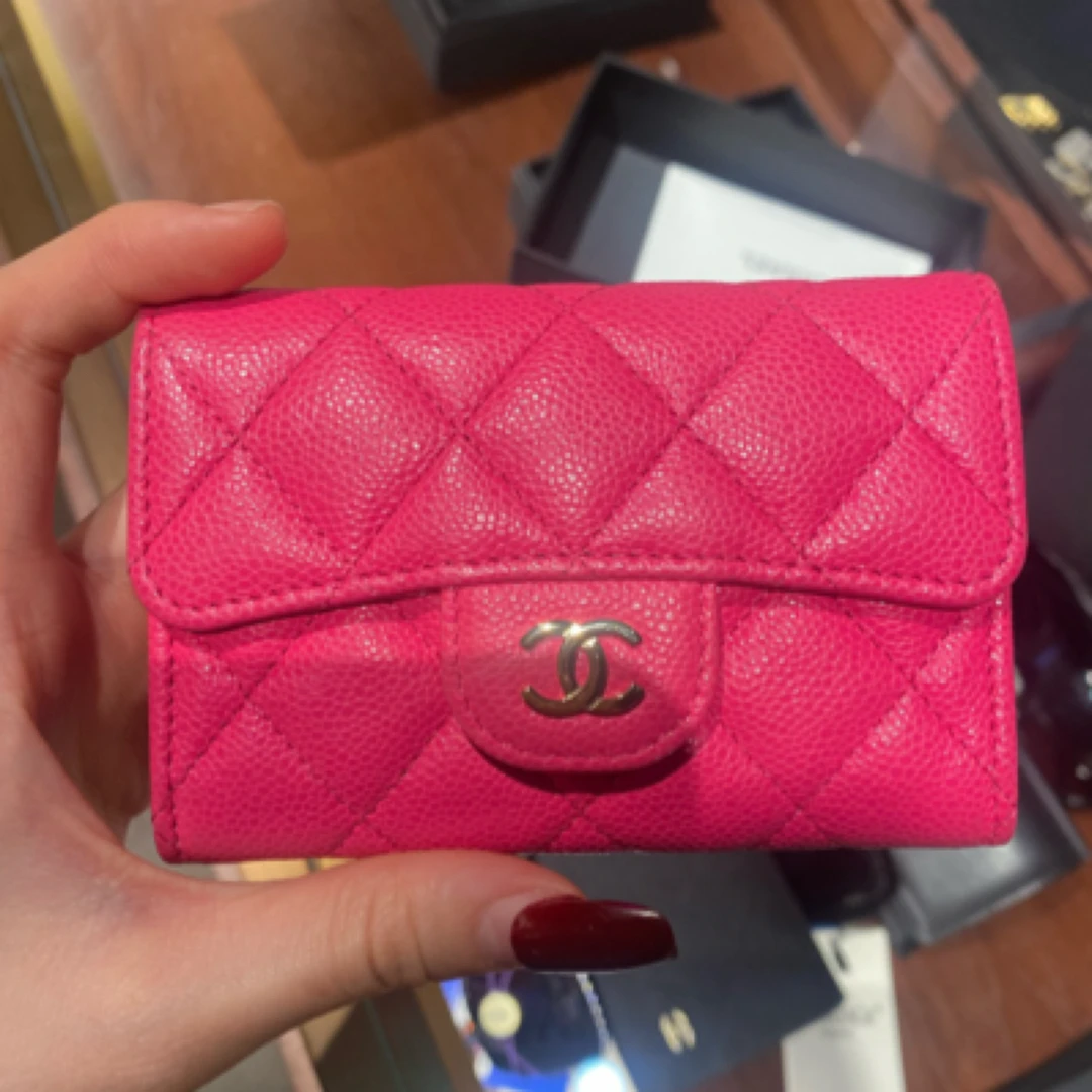 99新 Chanel/香奈儿 24C桃红色 荔枝纹牛皮CF翻盖卡包