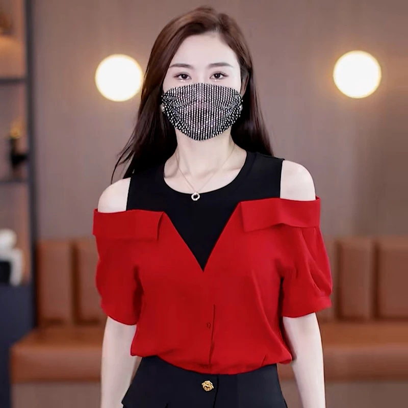 假两件露肩短袖衬衫女2025年夏季新款设计感小众上衣遮肚显瘦小衫