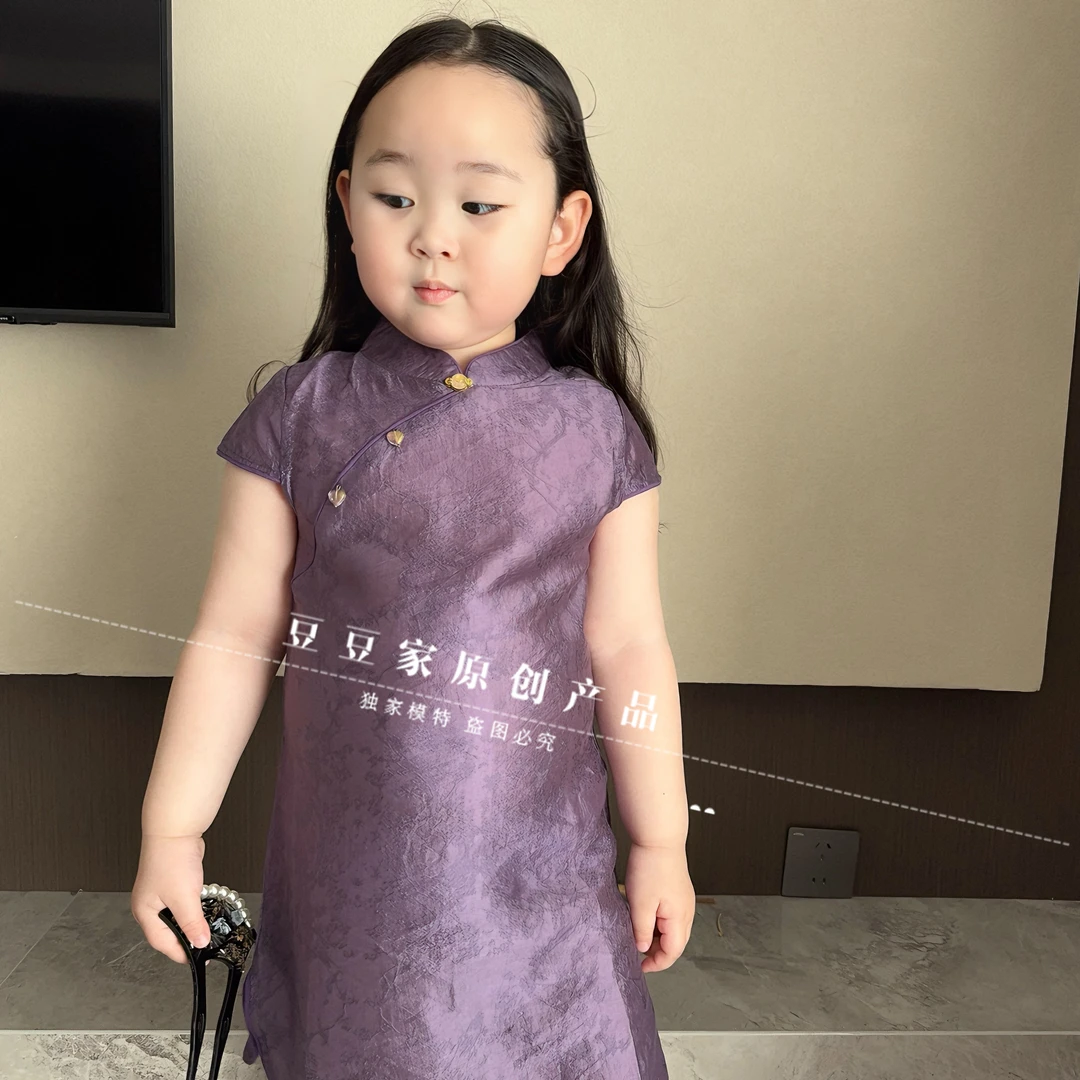 亲子国风旗袍夏款复古高贵紫色薄款旗袍儿童夏天连衣裙女孩出街款