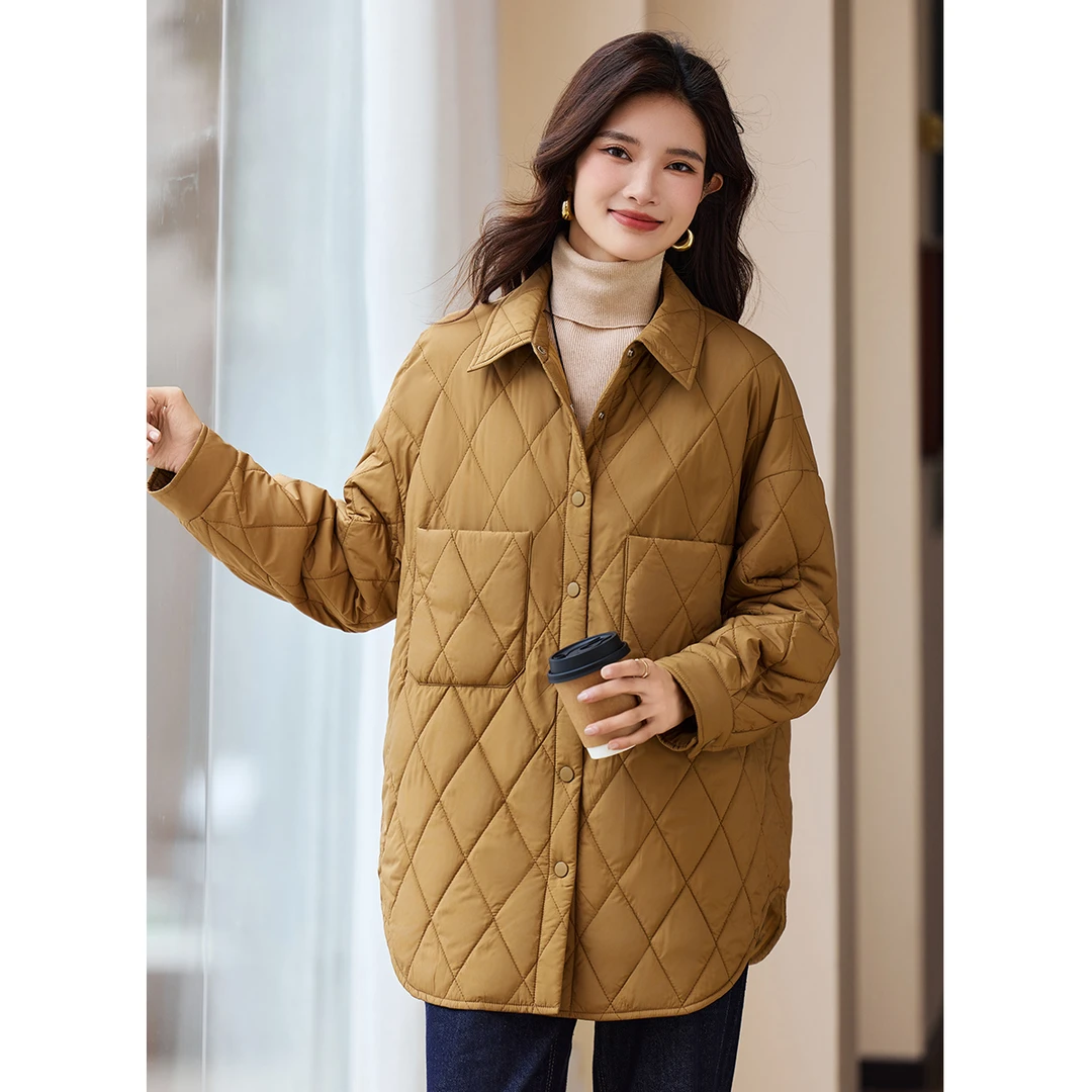 2025冬季新款衬衫式轻薄秋棉服女薄款宽松时尚菱格短外套女