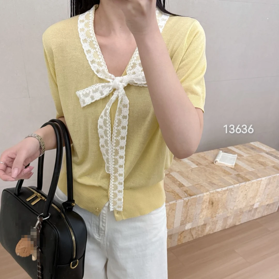 13636（部分无水洗唛，介意慎拍）CHUXUN新款领口蕾丝系绳开衫短袖