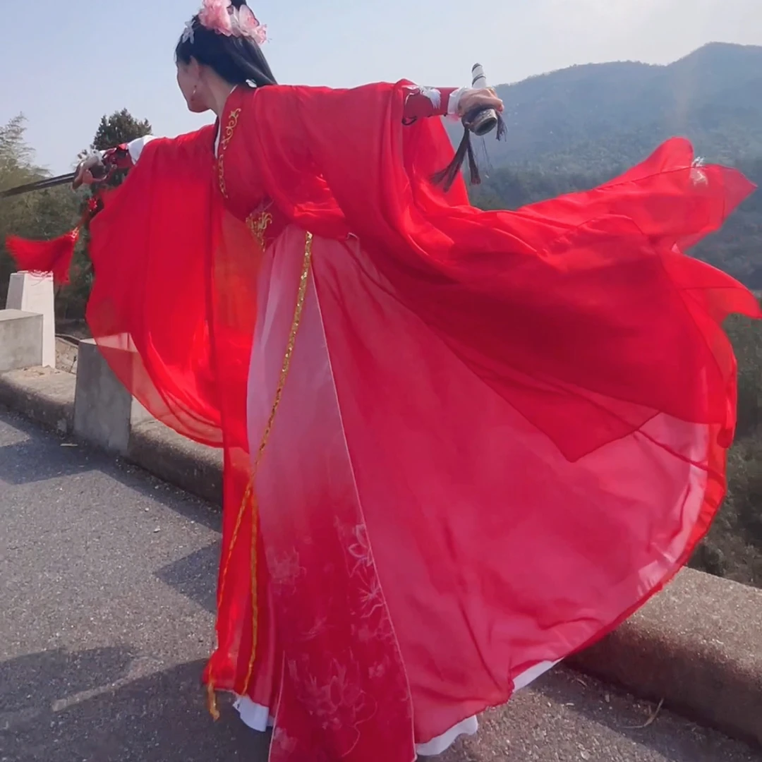 红白印花大袖武侠古风仙气影视服装