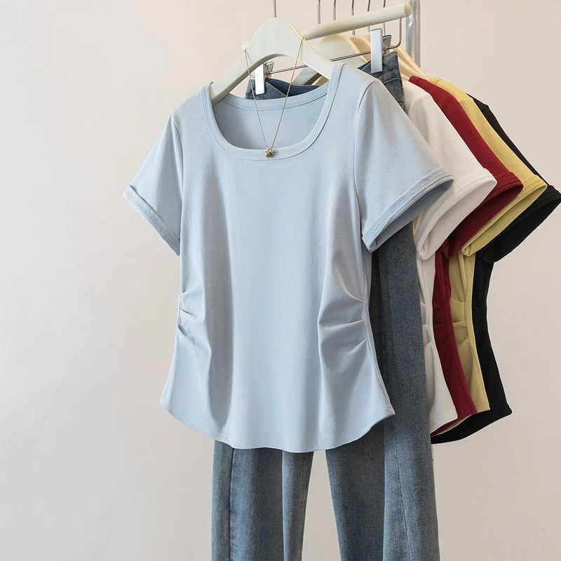 短袖显瘦设计感短款夏季修身不规则女T恤纯色时尚禅意气质款女装