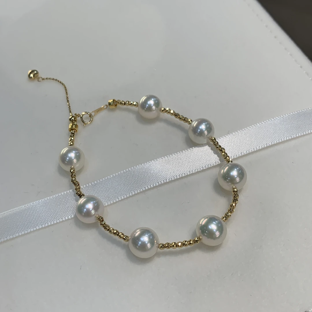 七分「碎金」akoya8.5-9mm海水珍珠手链18k金爆闪金球百搭珠宝优雅