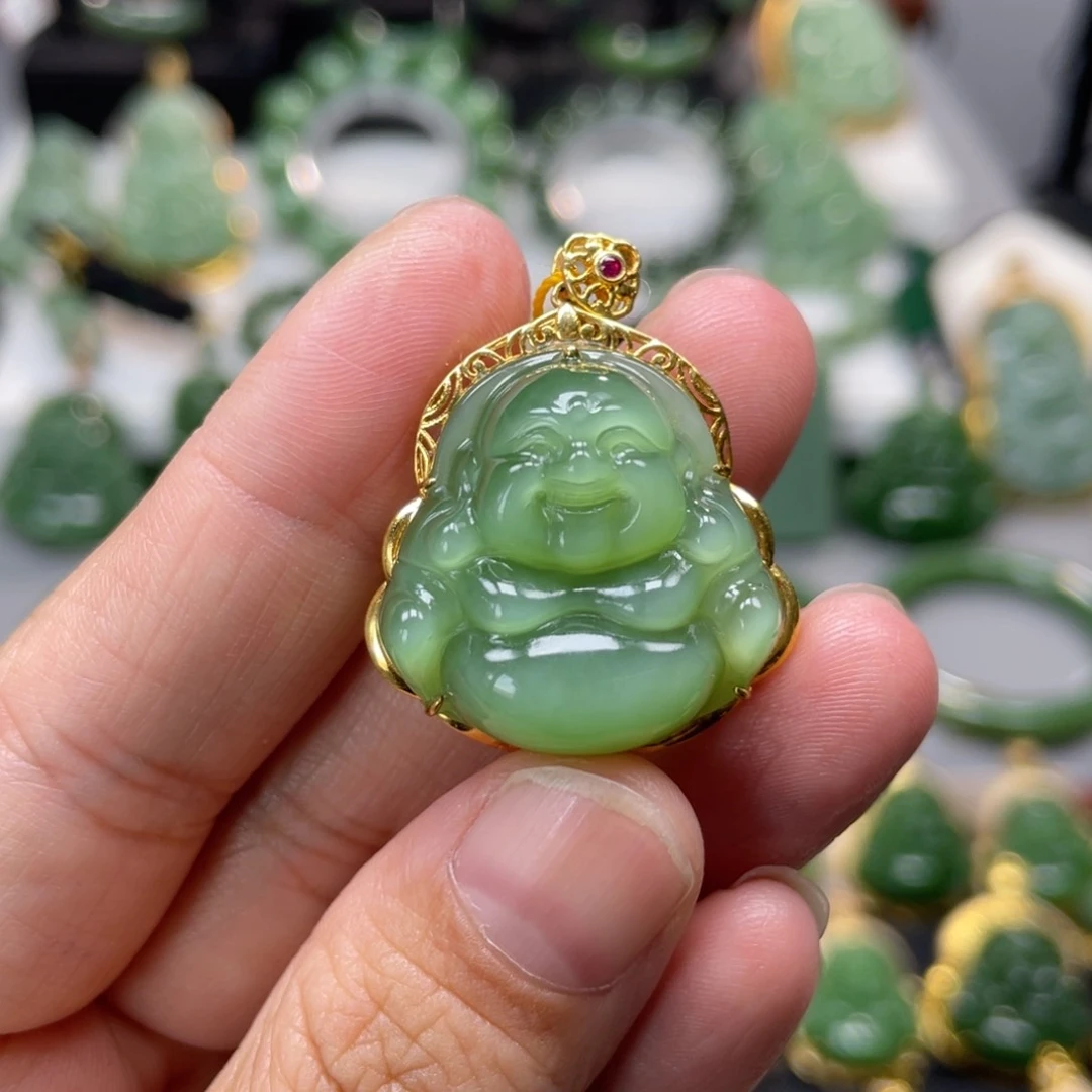和田玉（碧玉）18K金镶嵌吊坠(不含链)