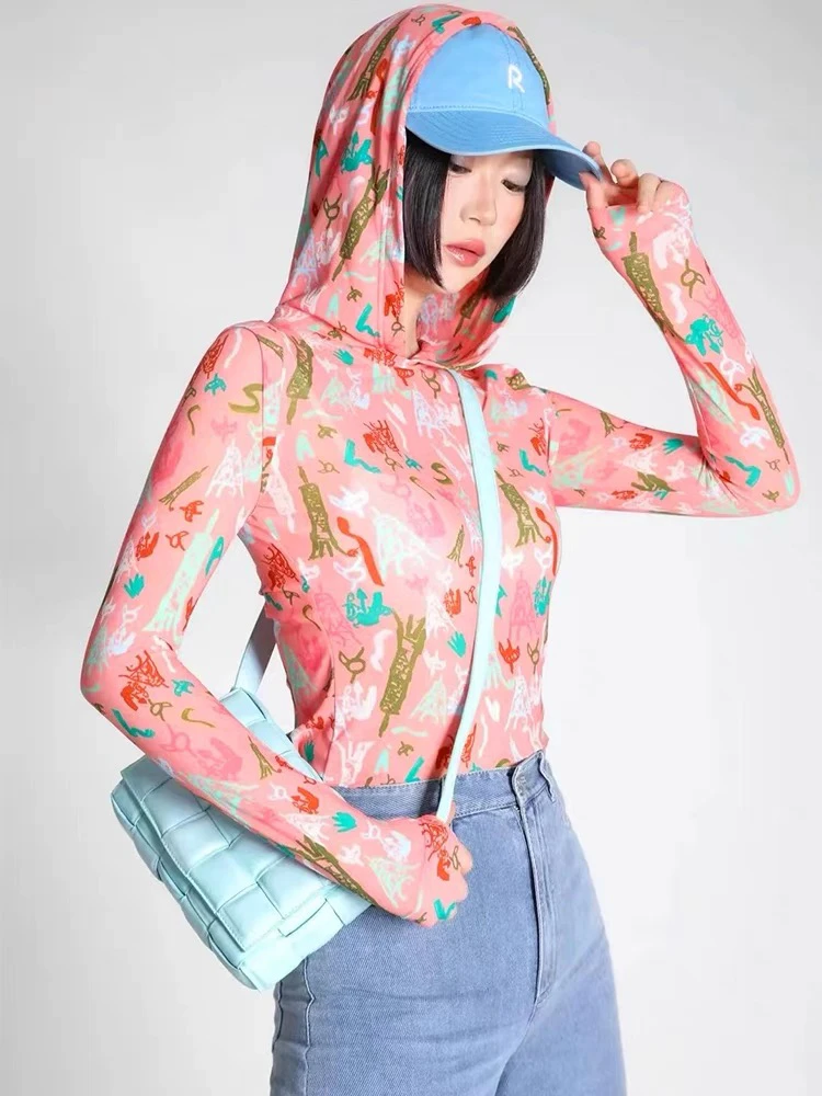 2024春新款粉色印花弹力双层网纱连帽长袖纱衣T恤女5300863