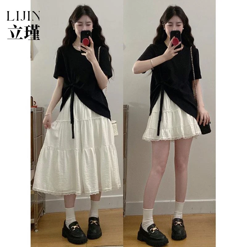 大码女装韩剧穿搭套装夏季蝴蝶结上衣胖MM遮肚蛋糕裙子两件套