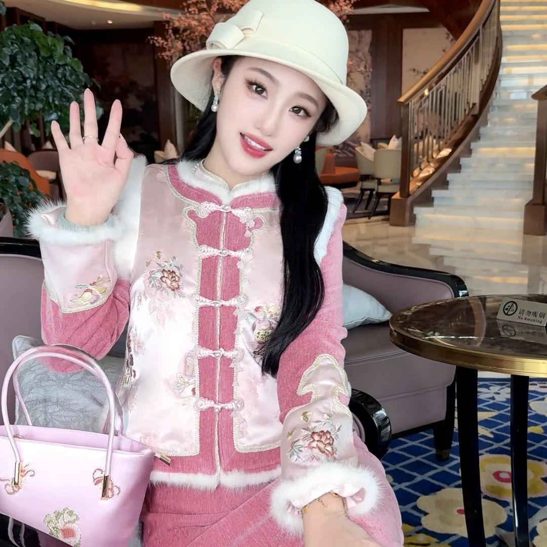 【媛珠 冬日莓果】重工刺绣国风醋酸兔毛水貂毛马甲+旗袍连衣裙套装