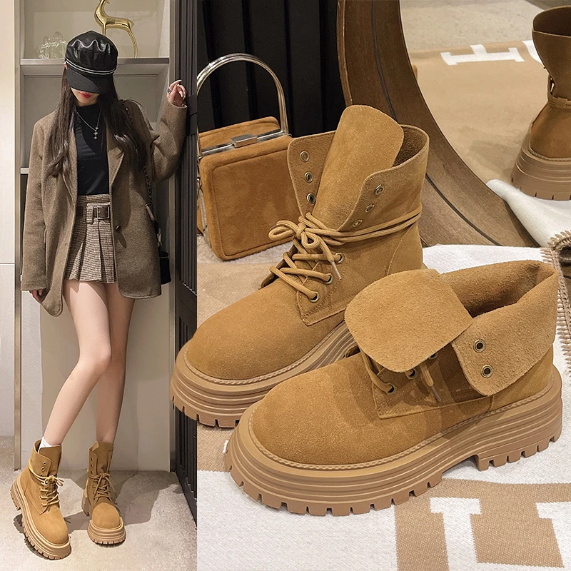 网红复古靴子翻盖马丁靴女2025新款爆款工装短靴百搭厚底大黄靴潮