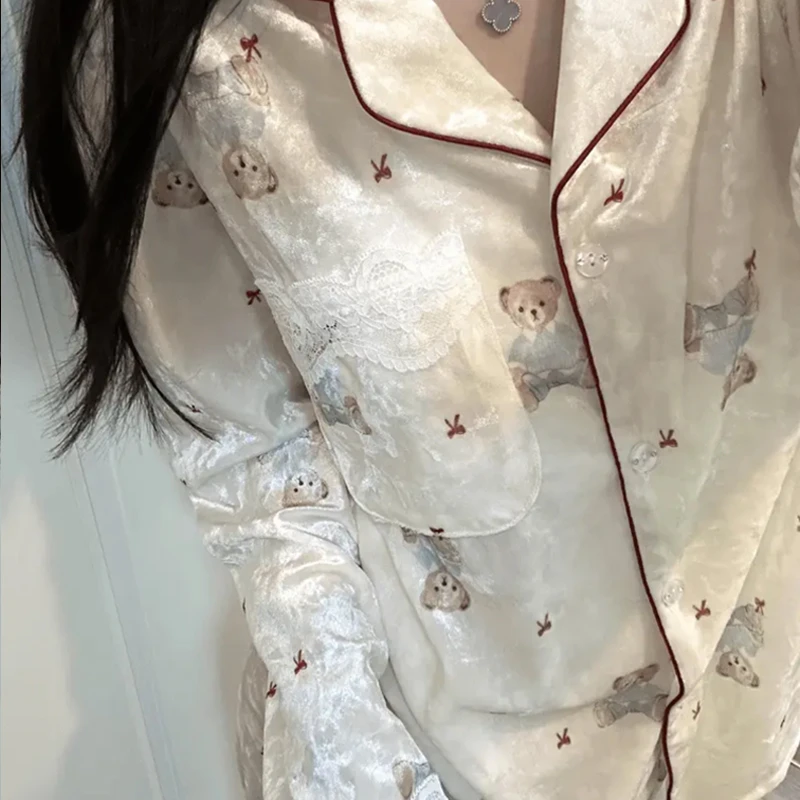 金丝绒睡衣女秋冬季加厚长袖套装拼接蕾丝保暖家居服宽松可爱外穿