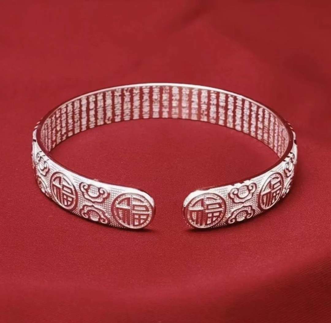 铜合金手镯 铜合金新款中国风百福开口银色手镯设计复古文艺时尚