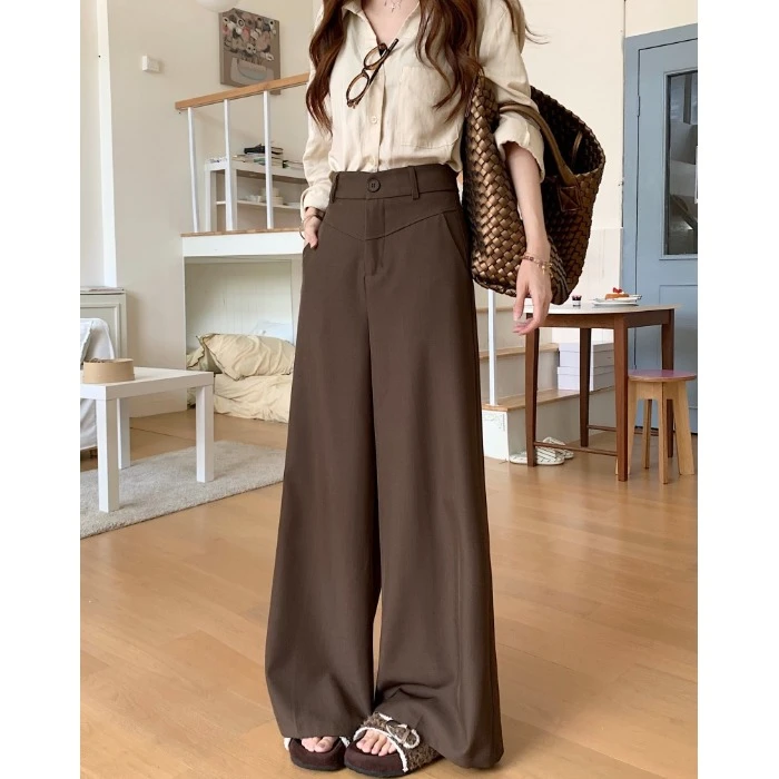 复古咖色西装休闲裤女秋季垂感高腰直筒拖地裤子百搭显瘦阔腿长裤