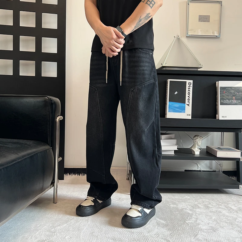 美式复古水洗波纹伐木弯刀牛仔裤男款秋冬加绒直筒宽松阔腿工装裤