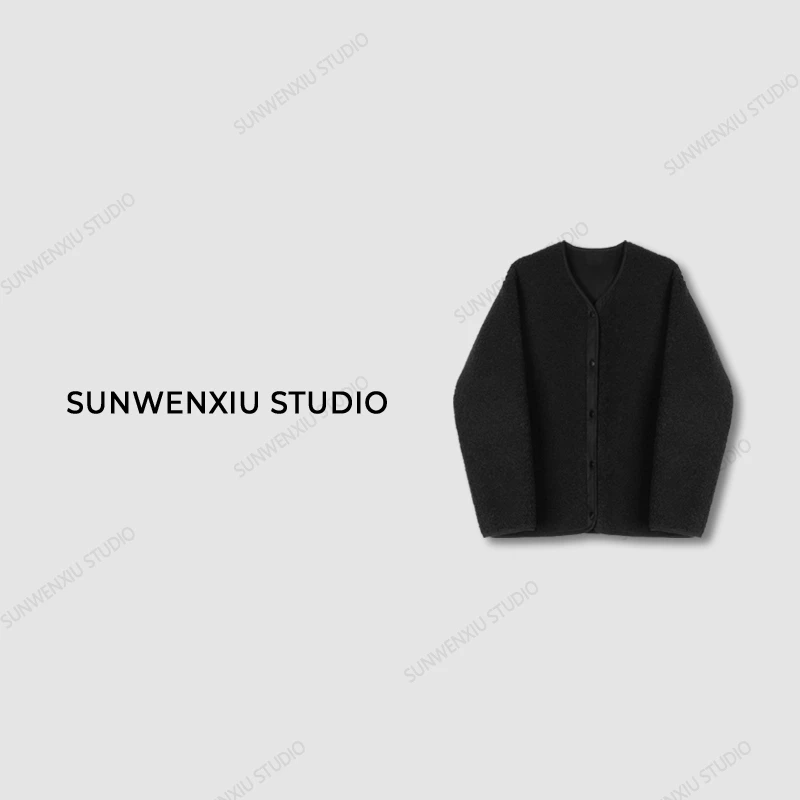 swx studio3店 “黑巧”利落大方经典秋冬黑色羊羔毛毛外套