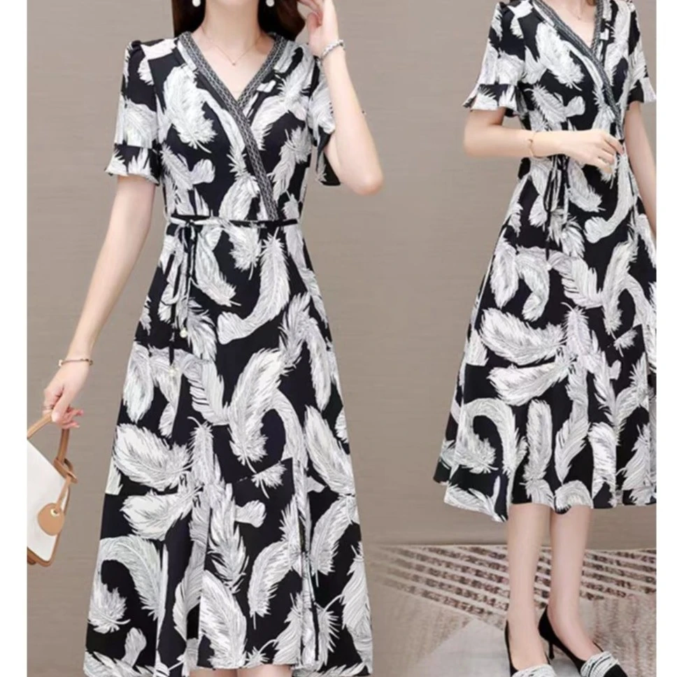 V1009时尚气质优雅连衣裙夏季淑女收腰中长裙