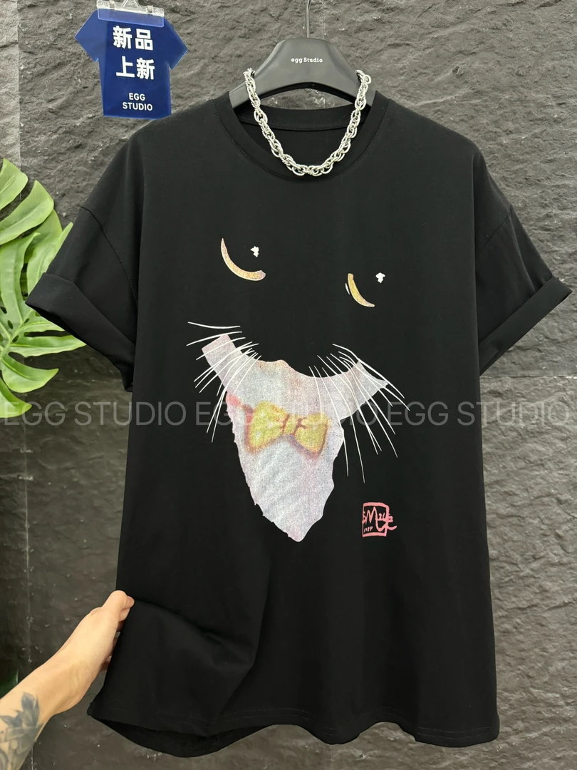 小众女装欧货2025夏季新款卡通猫咪印花短袖T恤大版宽松百搭上衣