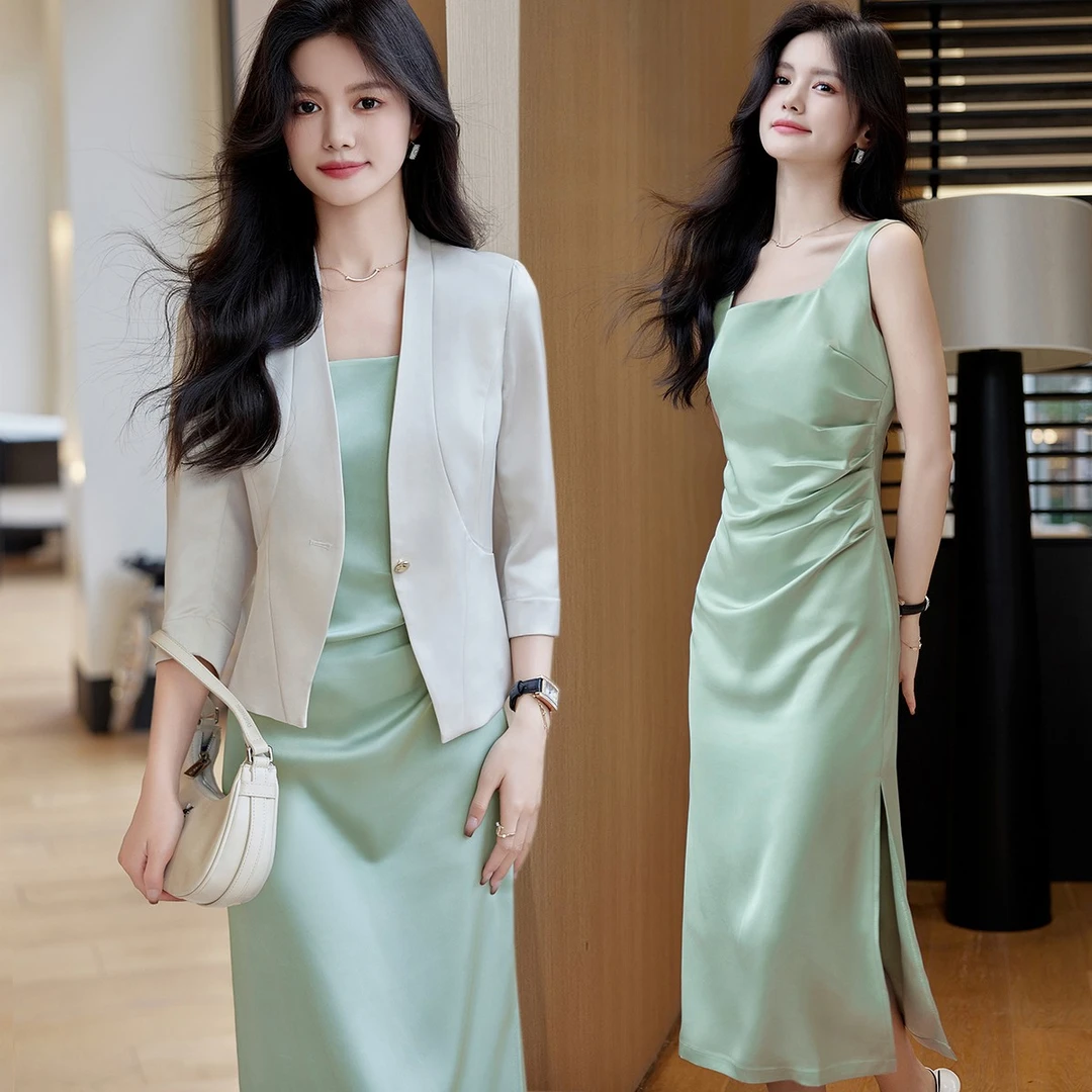 『拾光』缎面西装女夏季薄款2025新款设计感气质修身西服连衣裙套装