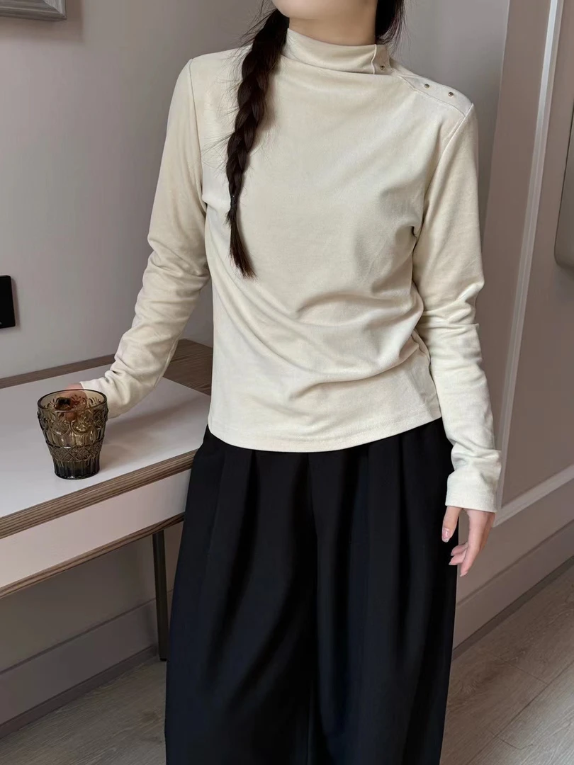 半高领铆钉长袖修身型休闲风T恤立领百搭网红黑色保暖打底衫