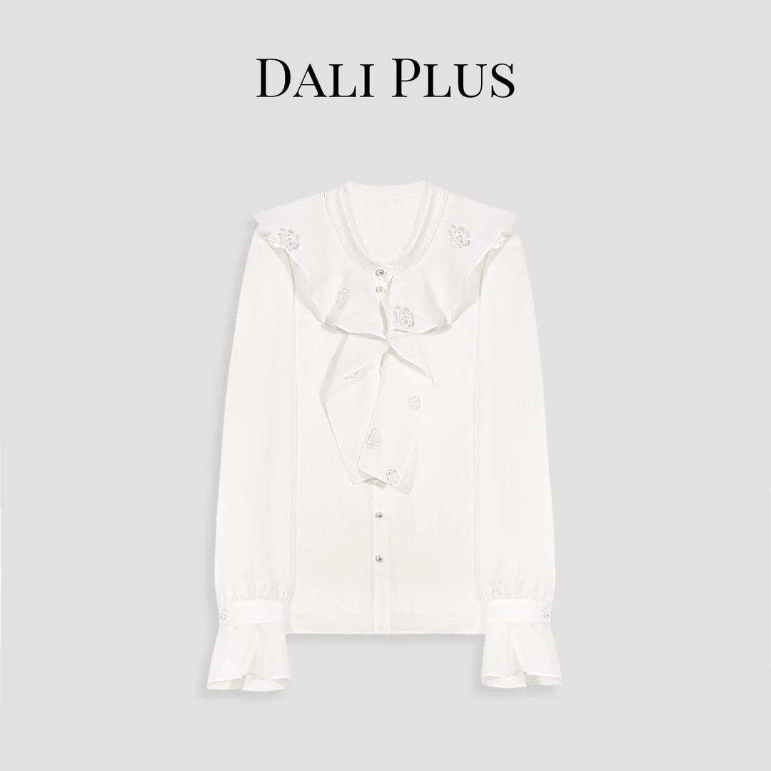 DALI PLUS镂空山茶花醋酸麻刺绣复古格调法式长袖衬衫-D5ST1033