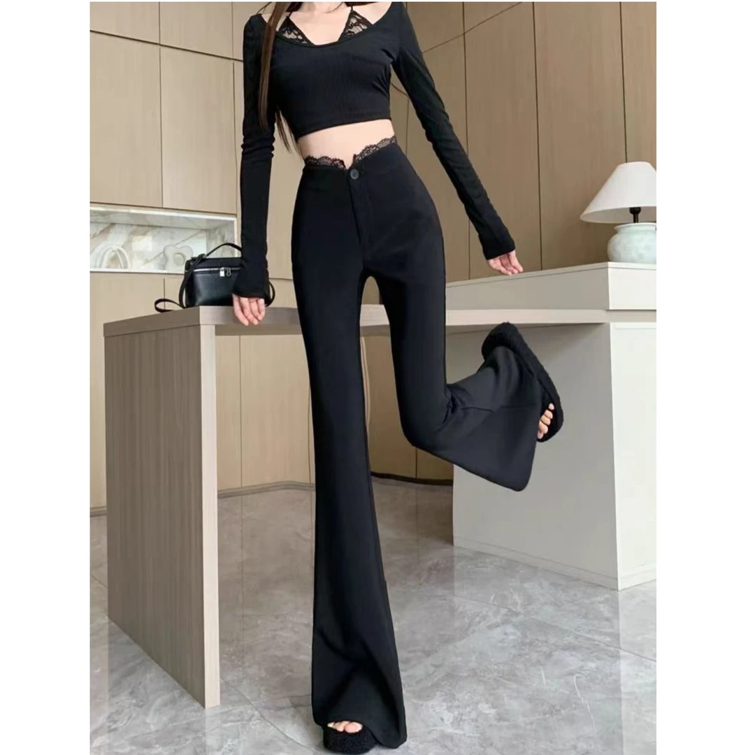 （柚子同款）U春款牛奶丝显瘦蕾丝花边腰小黑微辣裤3260