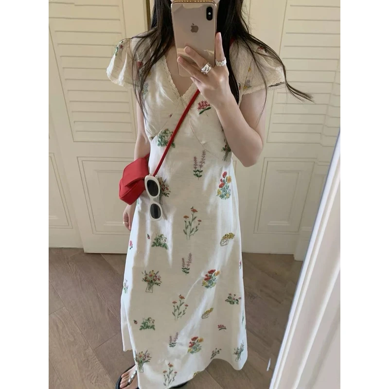 【NO退NO换】法式气质温柔v领蕾丝边连衣裙9129   裙长118