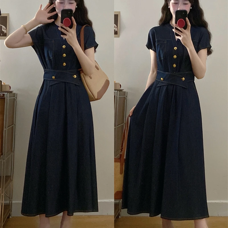 夏季新款胖MM高级感V领收腰显瘦气质通勤牛仔连衣裙