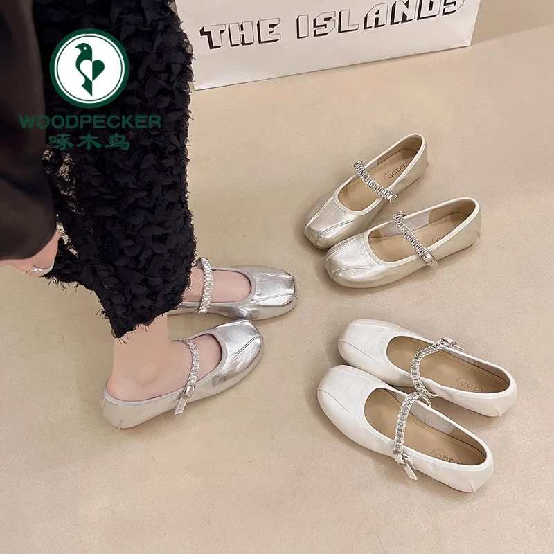 啄木鸟芭蕾风平底鞋女2025年夏新款浅口配裙子软底一字扣玛丽珍鞋