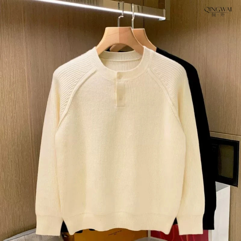 休闲简约毛衣男秋冬款圆领内搭时尚高端商务亨利领厚款针织衫男装