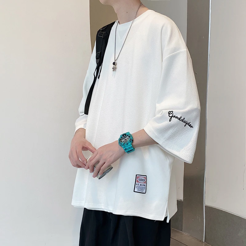 刺绣七分袖男t恤夏季潮牌潮流宽松大码半袖体恤重磅短袖冰丝衣服