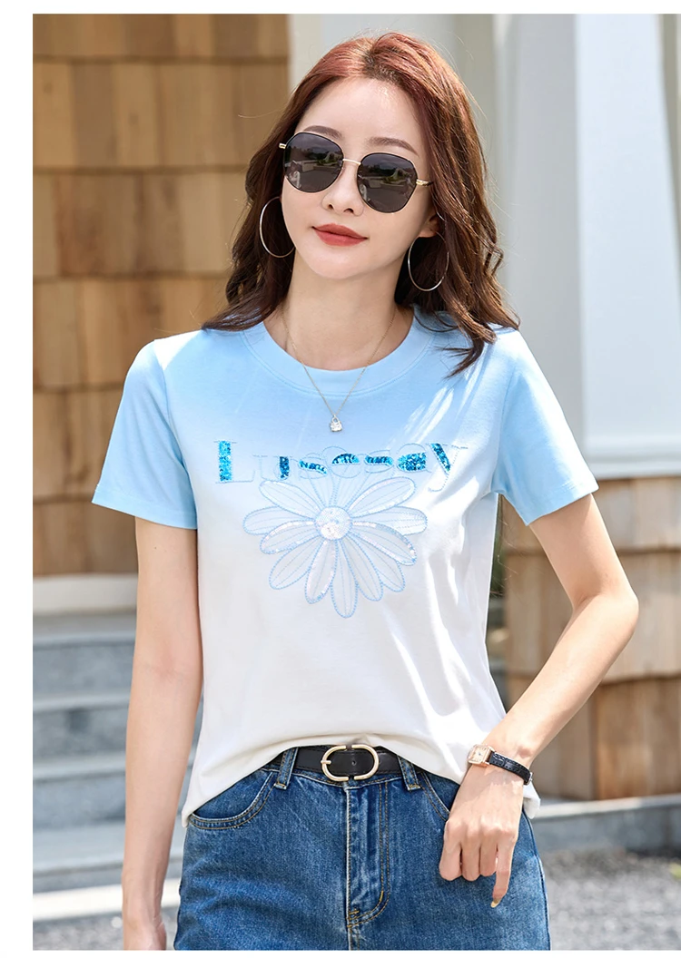 短袖三花小雏菊T恤女宽松