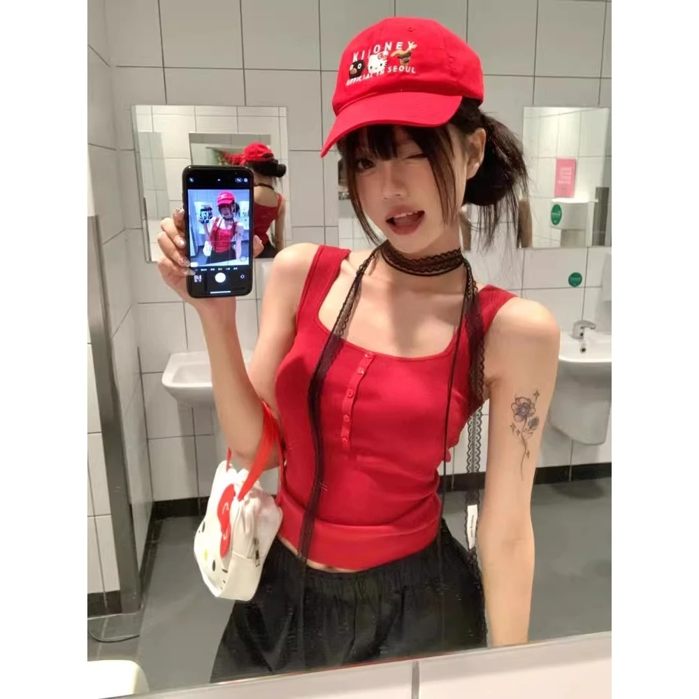 甜酷无袖美背背心女夏季薄款针织上衣修身显瘦小个子方领辣妹吊带