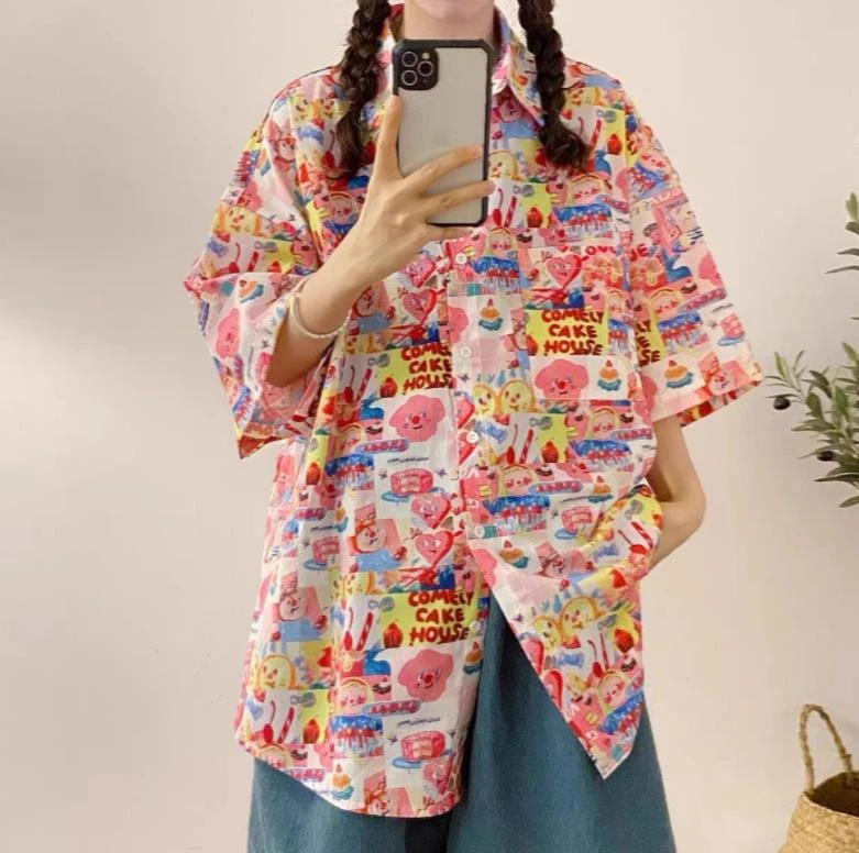 衬衫女夏季新款宽松卡通趣味满印粉色短袖设计感小众减龄防晒衬衣