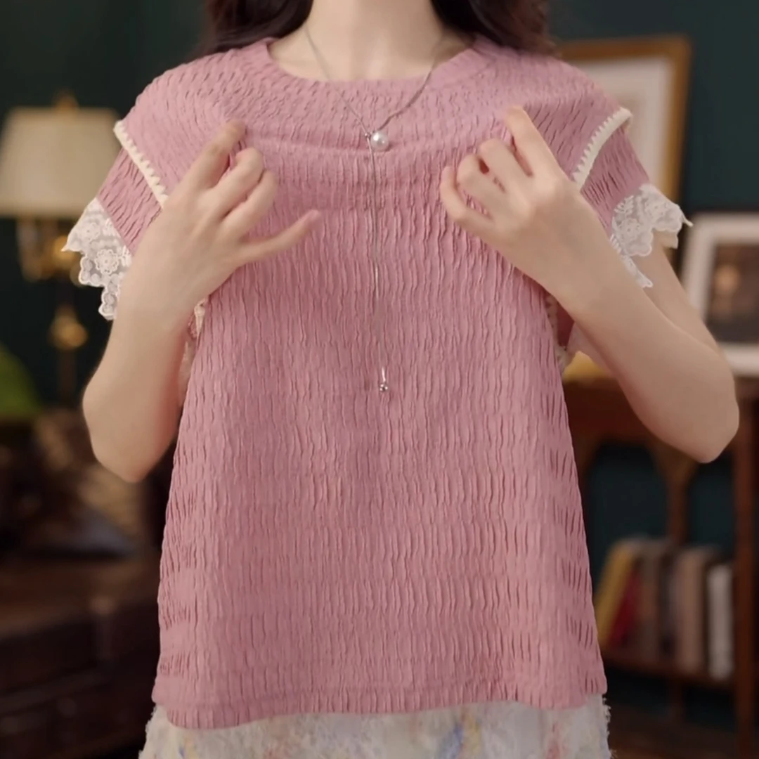 夏新款甜美风时尚休闲短袖小衫2025拼接小众设计感气质通勤上衣女