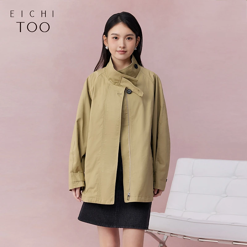 A爱居兔春季新经典卡其色复古立领宽松时尚风衣外套EWFAJ1P002A