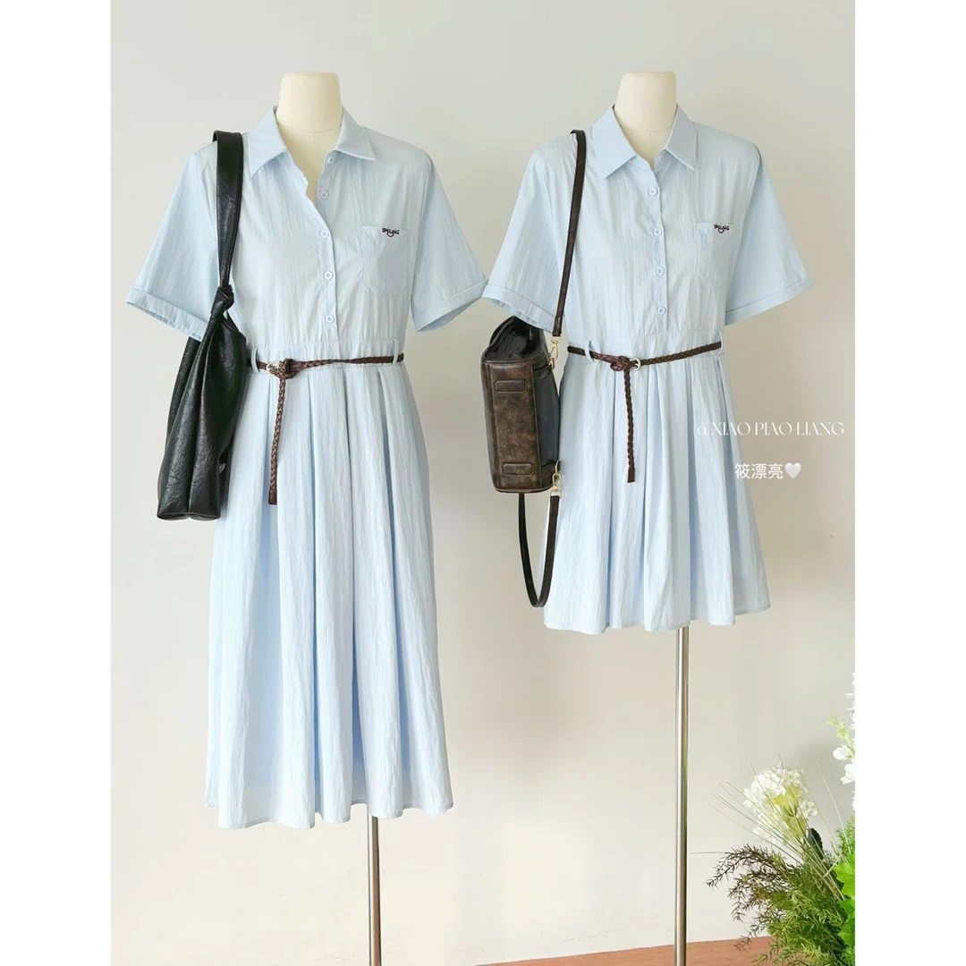 新款法式学院风翻领短袖气质裙子配腰带收腰显瘦连衣裙7866#0.1