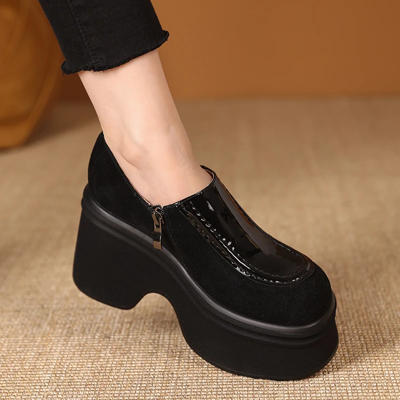 玥小姐增高女鞋10cm超高跟小个子松糕鞋休闲不累脚圆头坡跟单鞋女