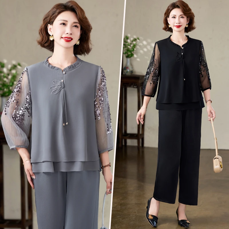 妈妈夏装端庄大气套装纱袖上衣两件套2025新款中老年女装春夏小衫
