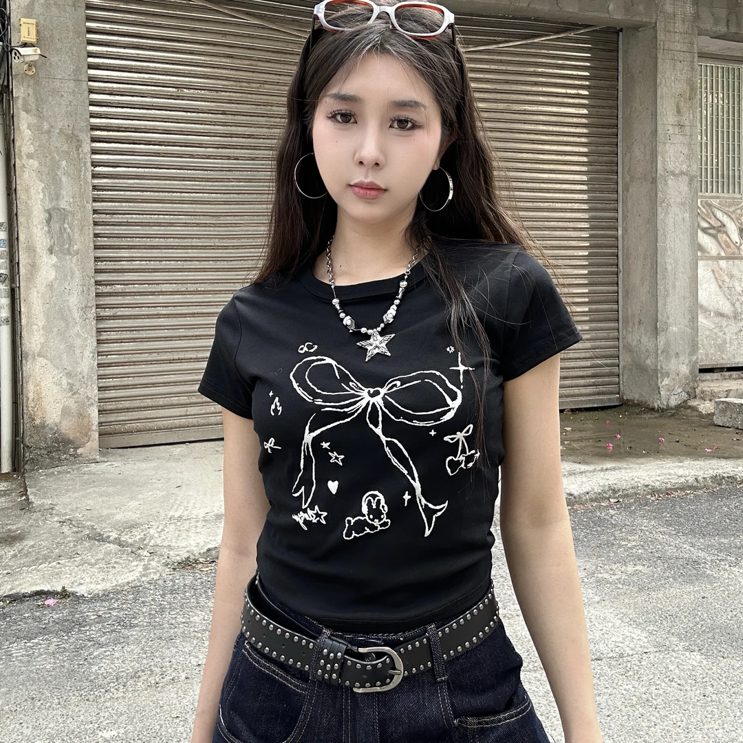 LL夏季显瘦时尚百搭黑色修身印花重工个性ins