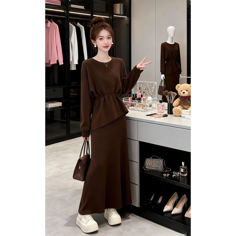 高级感咖色针织套装裙女早秋时尚气质两件套巨好看一整套穿搭2026