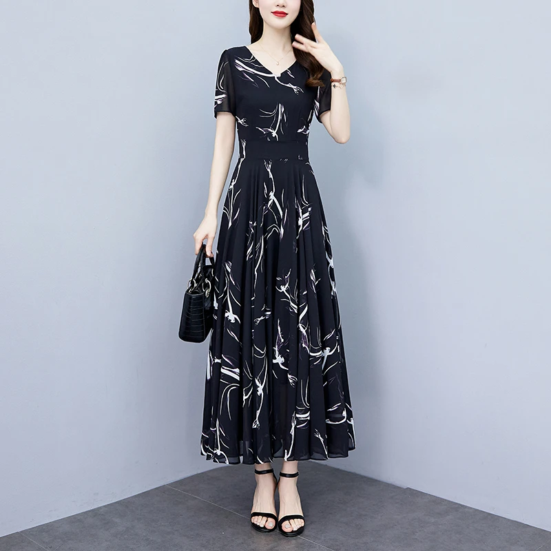 广州十三行裙子印花真丝连衣裙女夏2025新款长款修身洋气质长裙子
