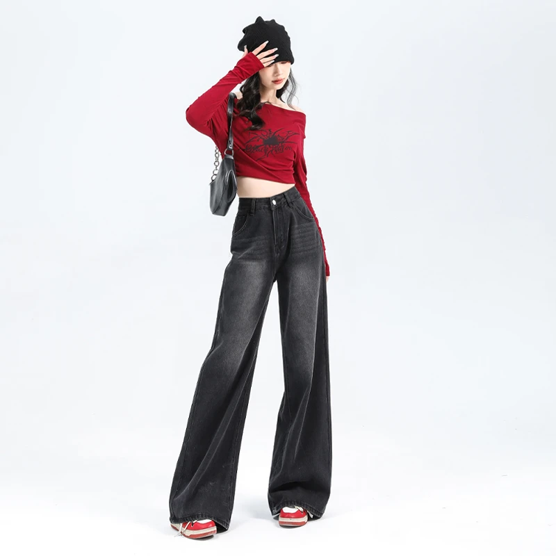 【一只yuan媛定制】2025新款春秋黑灰美式高腰宽松百搭阔腿拖地裤女