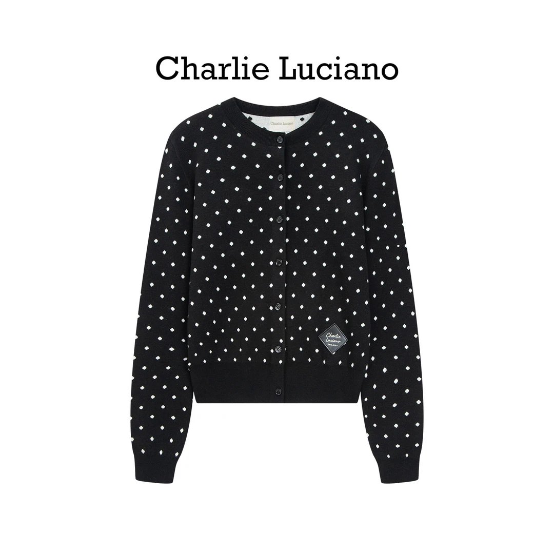 Charlie Luciano秋季针织波点轻熟风圆领毛针织衫黑白气质开衫