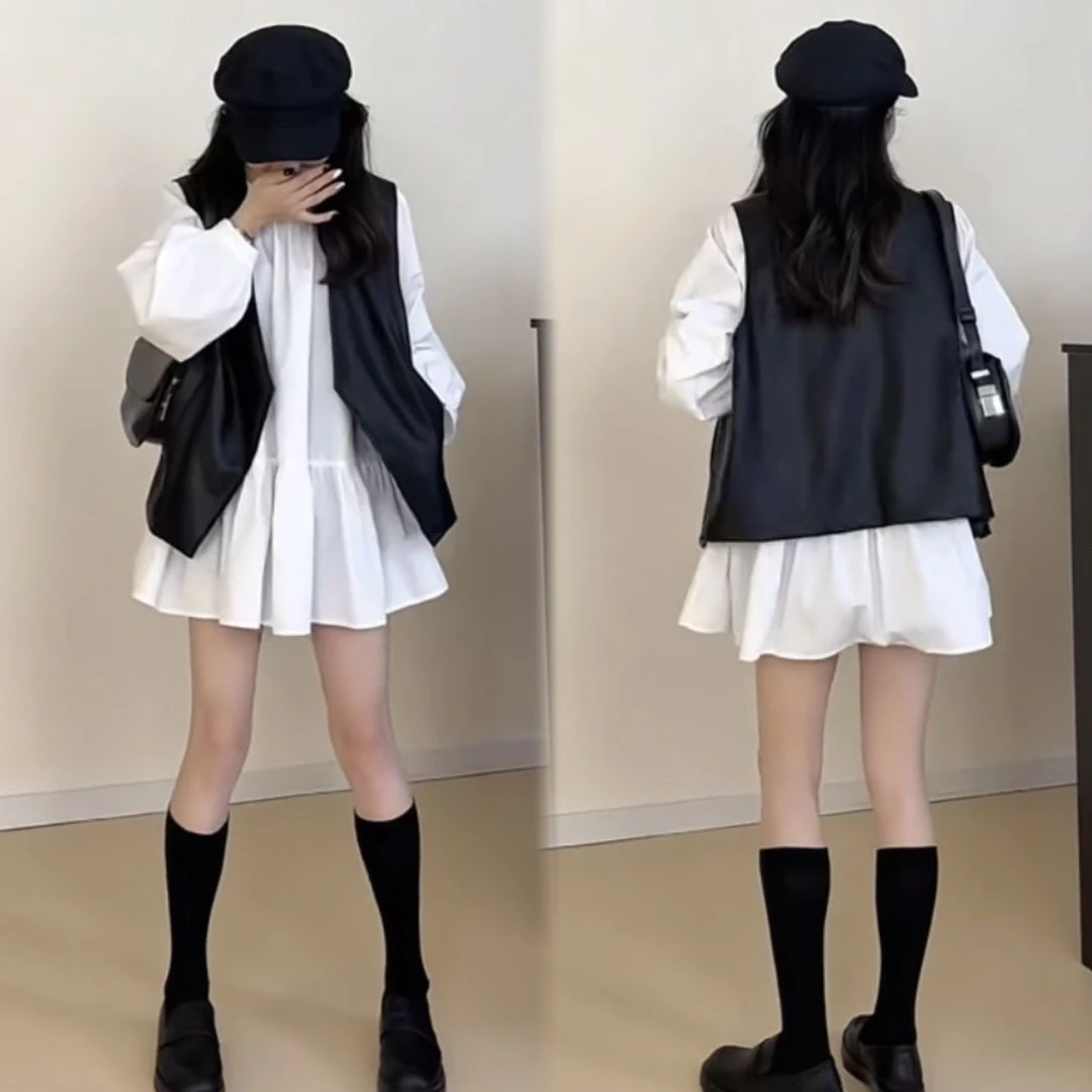 【入秋一整套衬衫裙+马甲套装】宽松休闲小个子显瘦衬衫裙+马甲套