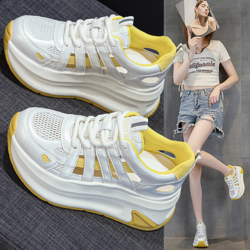 镂空透气老爹鞋女款2025新款夏季网面厚底百搭轻便内增高运动凉鞋